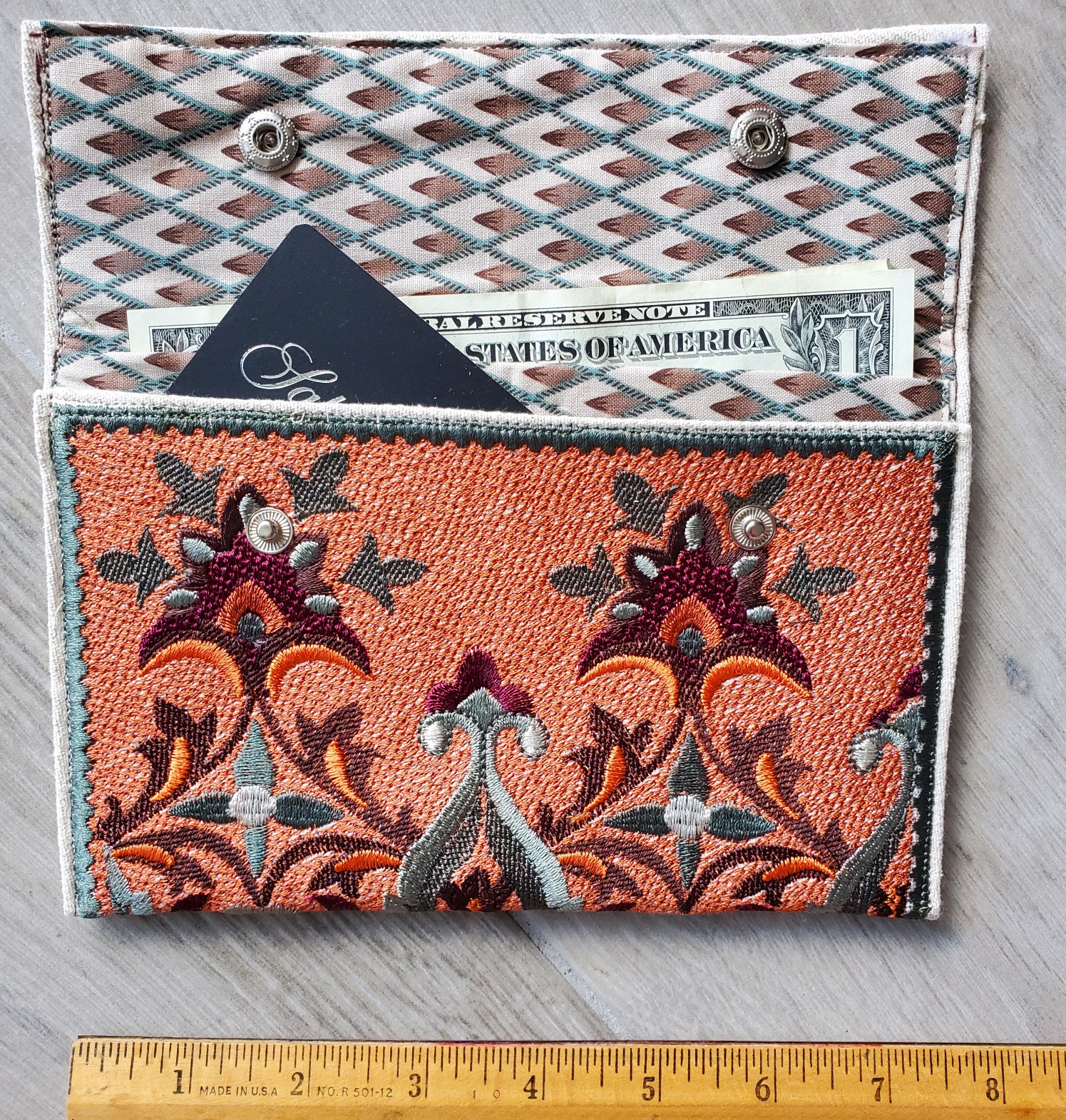 large-tapestry-embroidered-sage-rust-wallet-open-Jen's-Bag-embroidered-bag